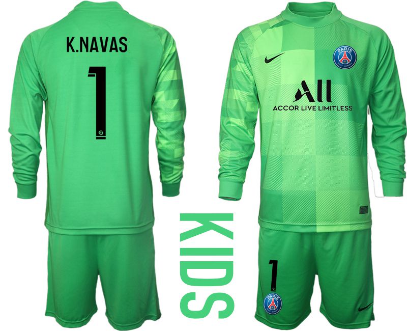Youth 2021-2022 Club Paris St German green goalkeeper long sleeve #1 Soccer Jersey->youth soccer jersey->Youth Jersey